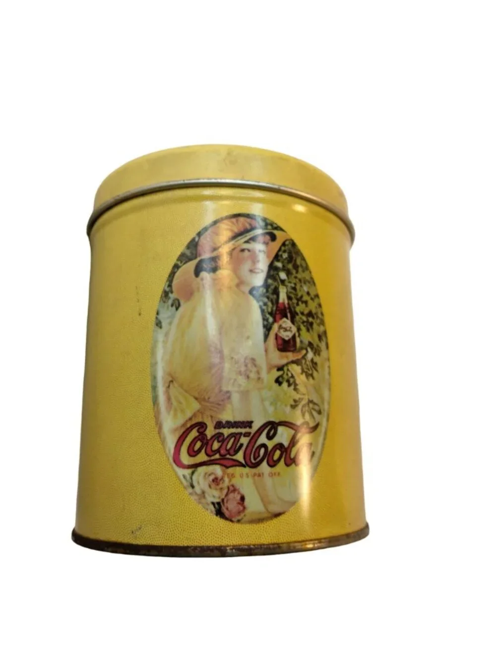 Vintage Coca Cola Tin Canister Yellow Lady Holding Coke Lidded Retro 1980s